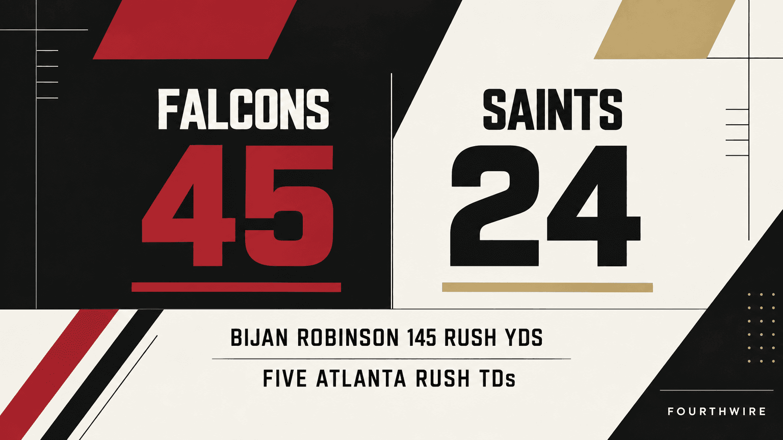 FourthWire original postgame score graphic showing Falcons 45, Saints 24 with Atlanta rushing statistics.