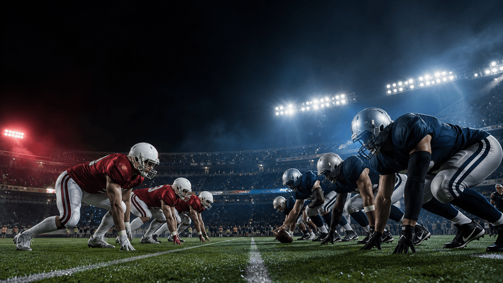Two generic American football teams line up under stadium lights before a night game.