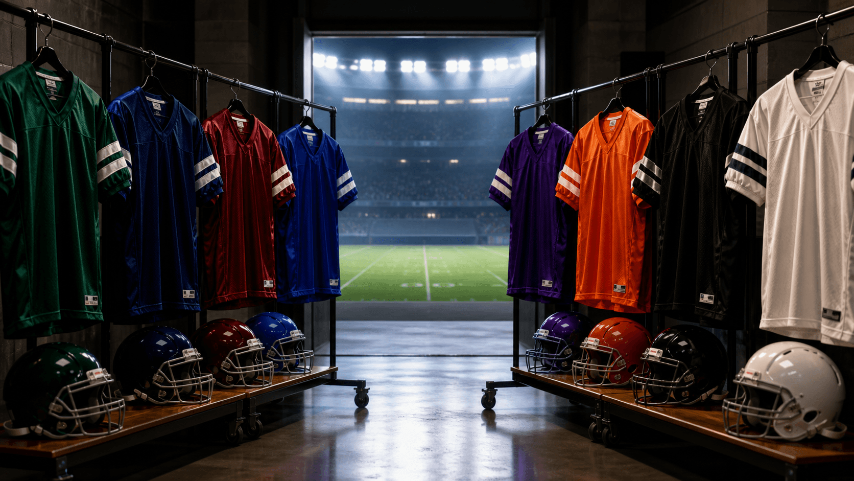 An original FourthWire illustration of eight illuminated color lanes converging on a night football field and an eight-date event calendar; no official logos, uniforms or player likenesses.