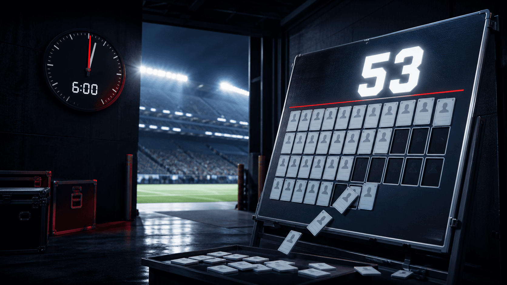 An original FourthWire stadium operations tunnel with an illuminated 53-player roster board and a clock marking the 6 p.m. NFL deadline.