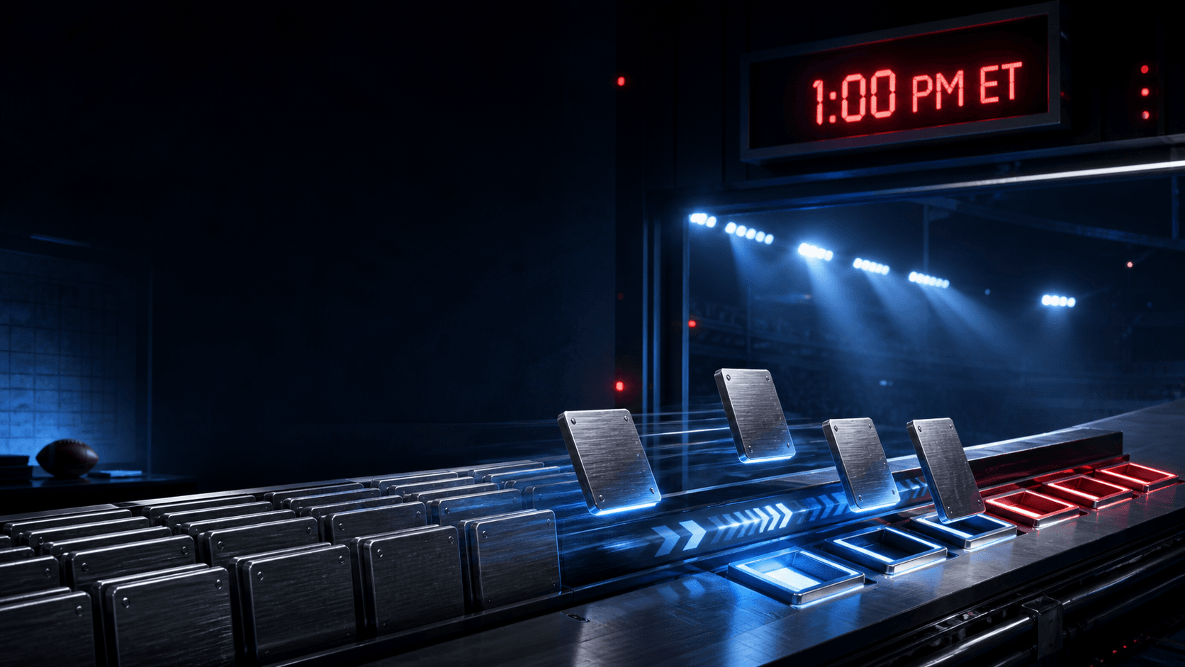 An original FourthWire football operations room showing abstract roster tiles moving across a waiver rail beneath a 1 p.m. ET deadline clock.