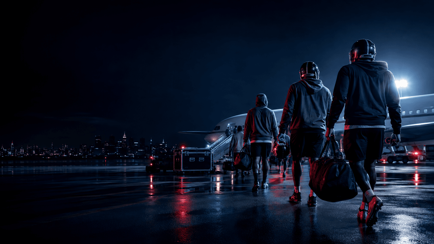 Anonymous professional football players carrying equipment toward a charter aircraft on a wet predawn airport tarmac.