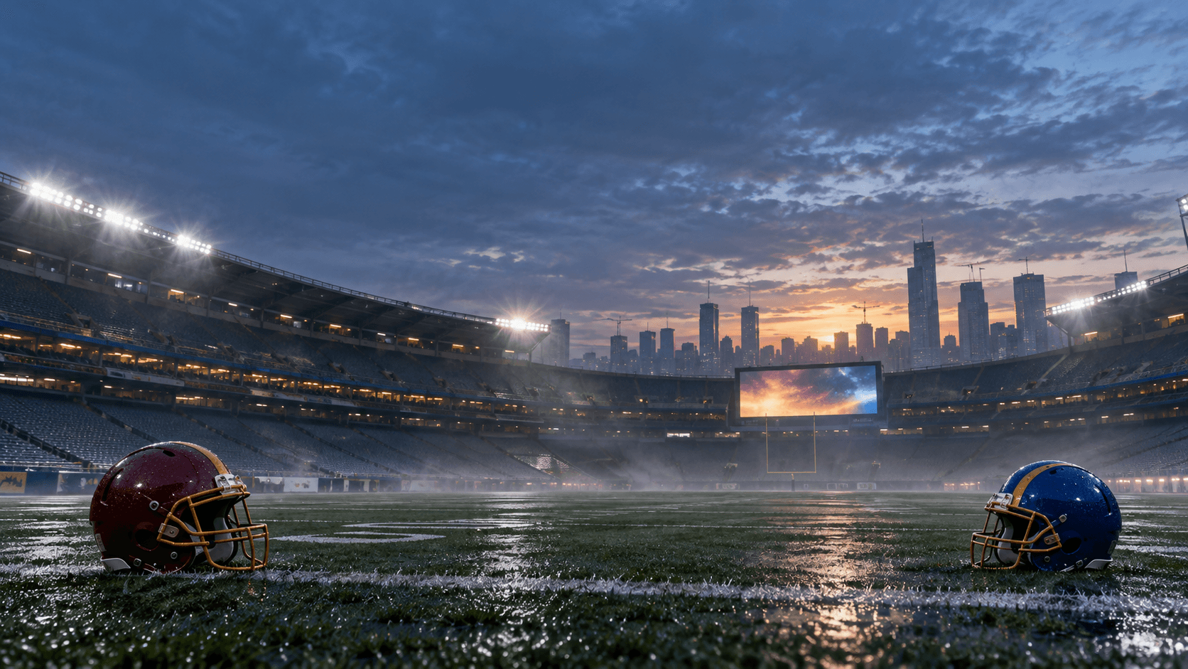 An original, rights-safe FourthWire illustration of two unbranded American-football lines facing each other in a rain-lit stadium at dawn, one side in red and gold and the other in blue and gold.